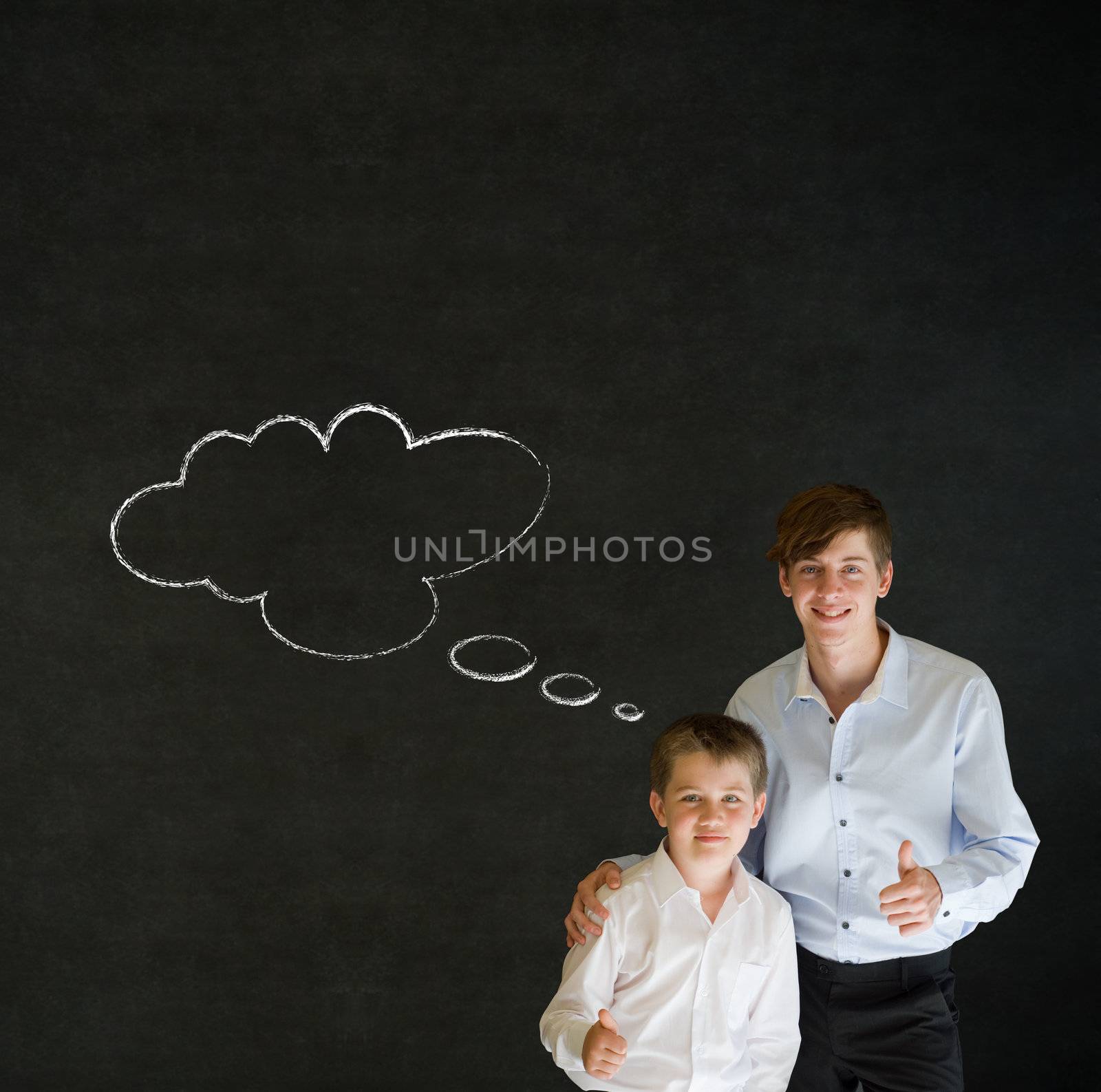 Thumbs up boy dressed as business man and teacher with thought thinking chalk cloud by alistaircotton