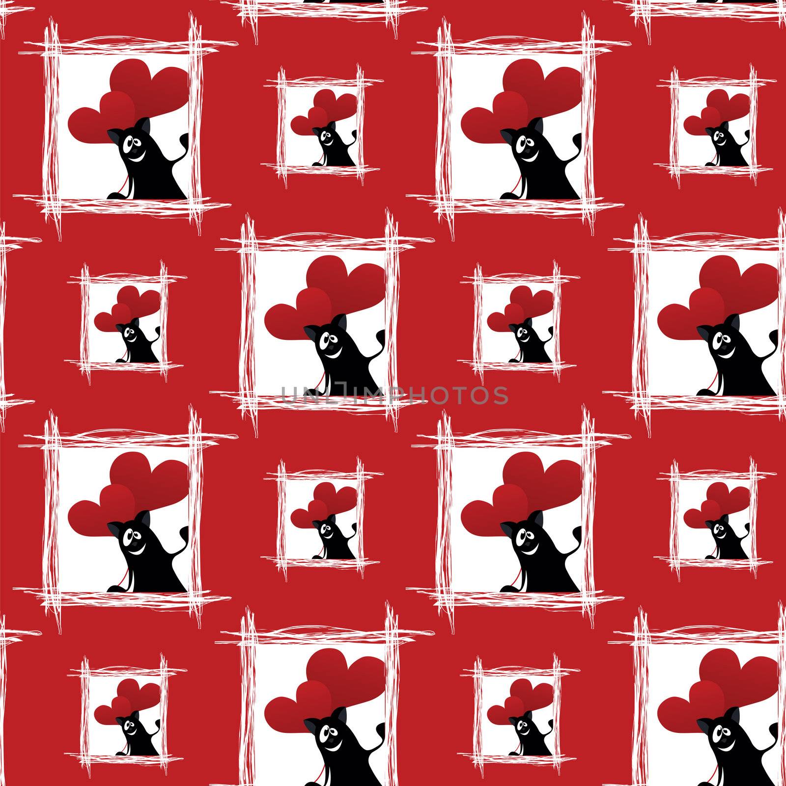 seamless pattern with friendly cartoon cat with ball of heart