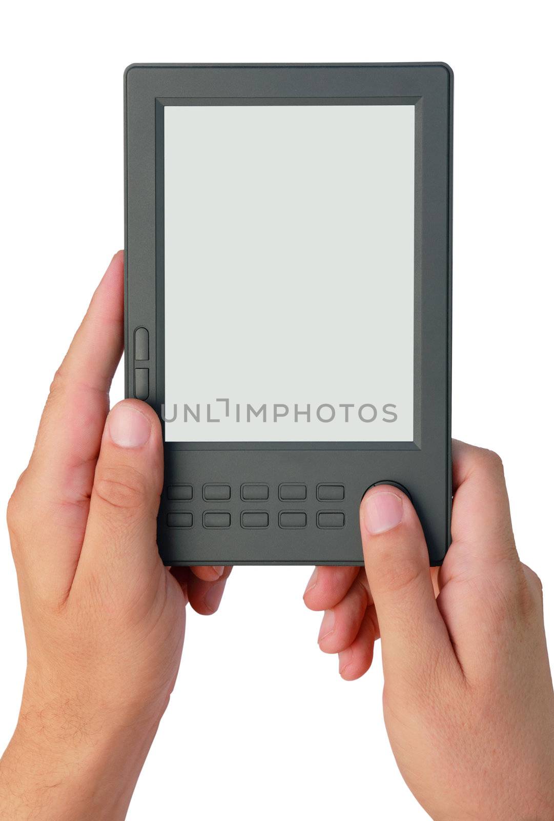 e-book reader device in hands, close up, isolated

