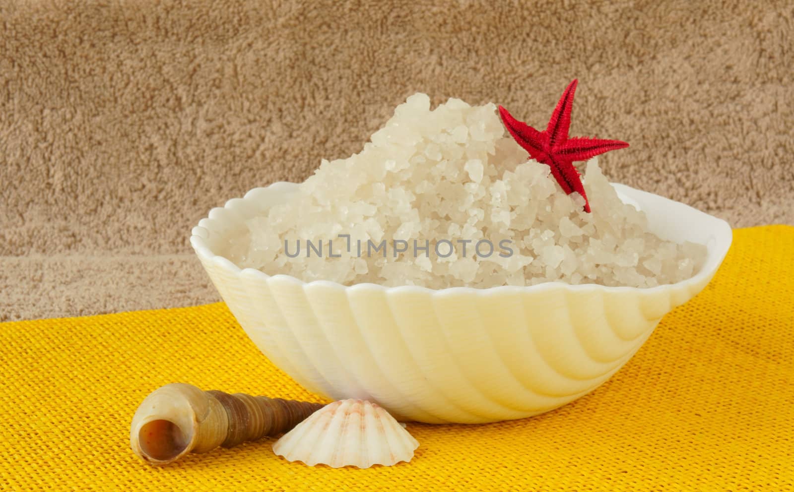 sea salt in a white cup with shells