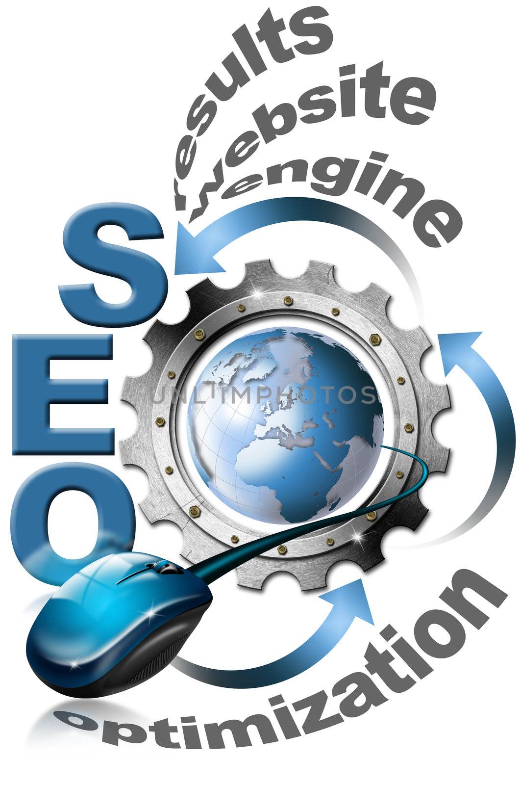 Illustration with metal written SEO, metal gear, mouse and blue globe
