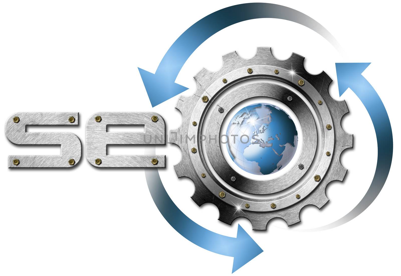 Illustration with metal written SEO, metal gear and blue globe