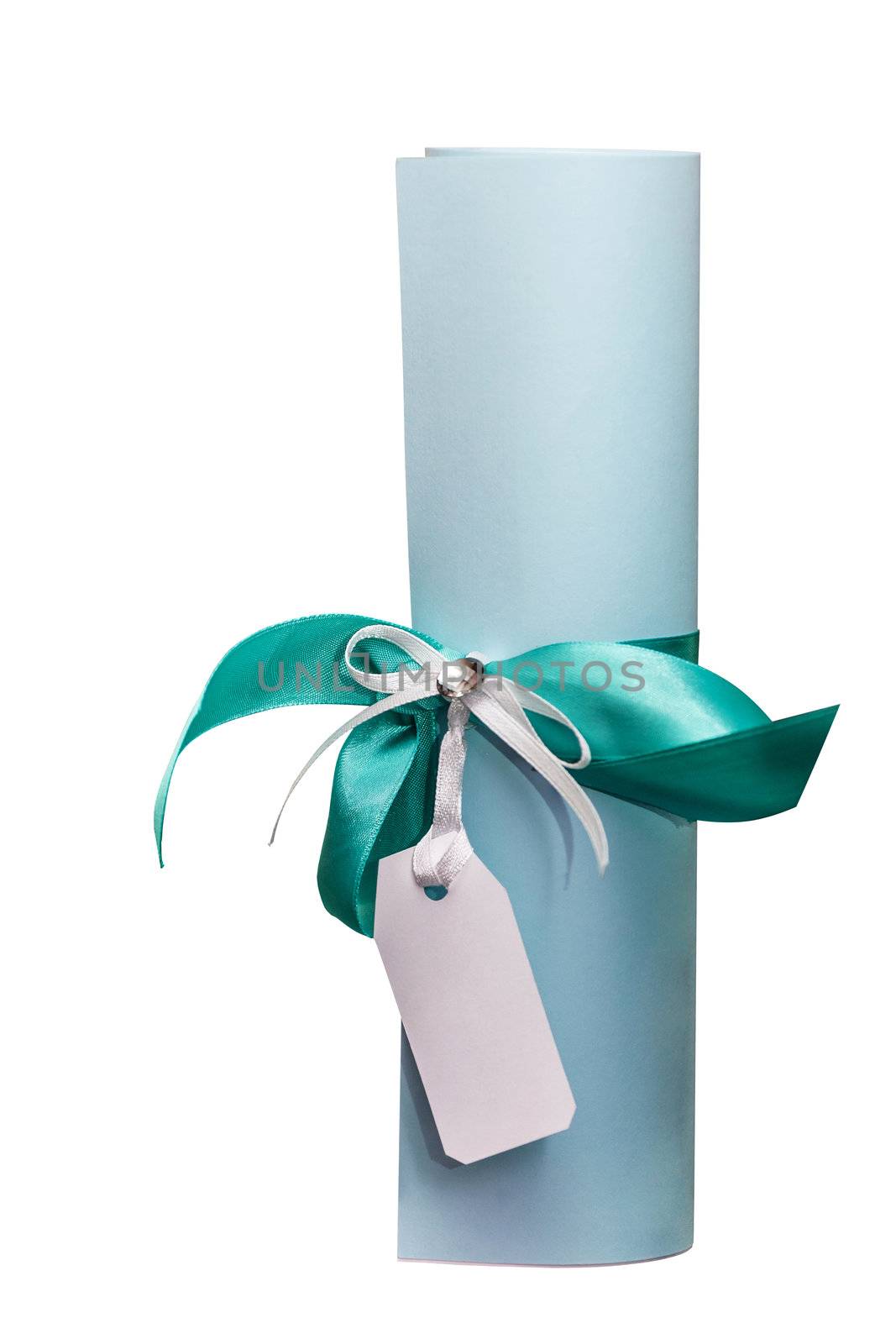 Scroll, tied with a ribbon with a white tag. It is possible to insert the name or other text.