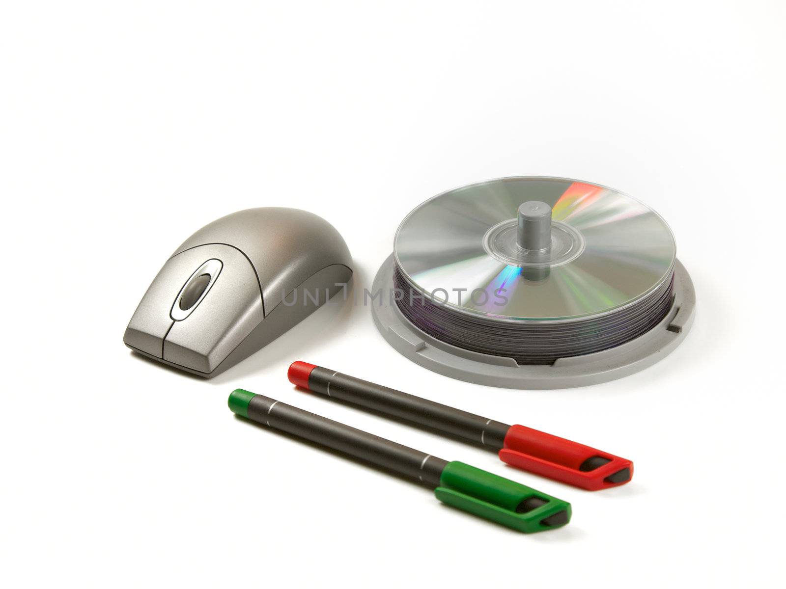 Stationery, General usage - DVD,  CD pen and computer mouse, isolated