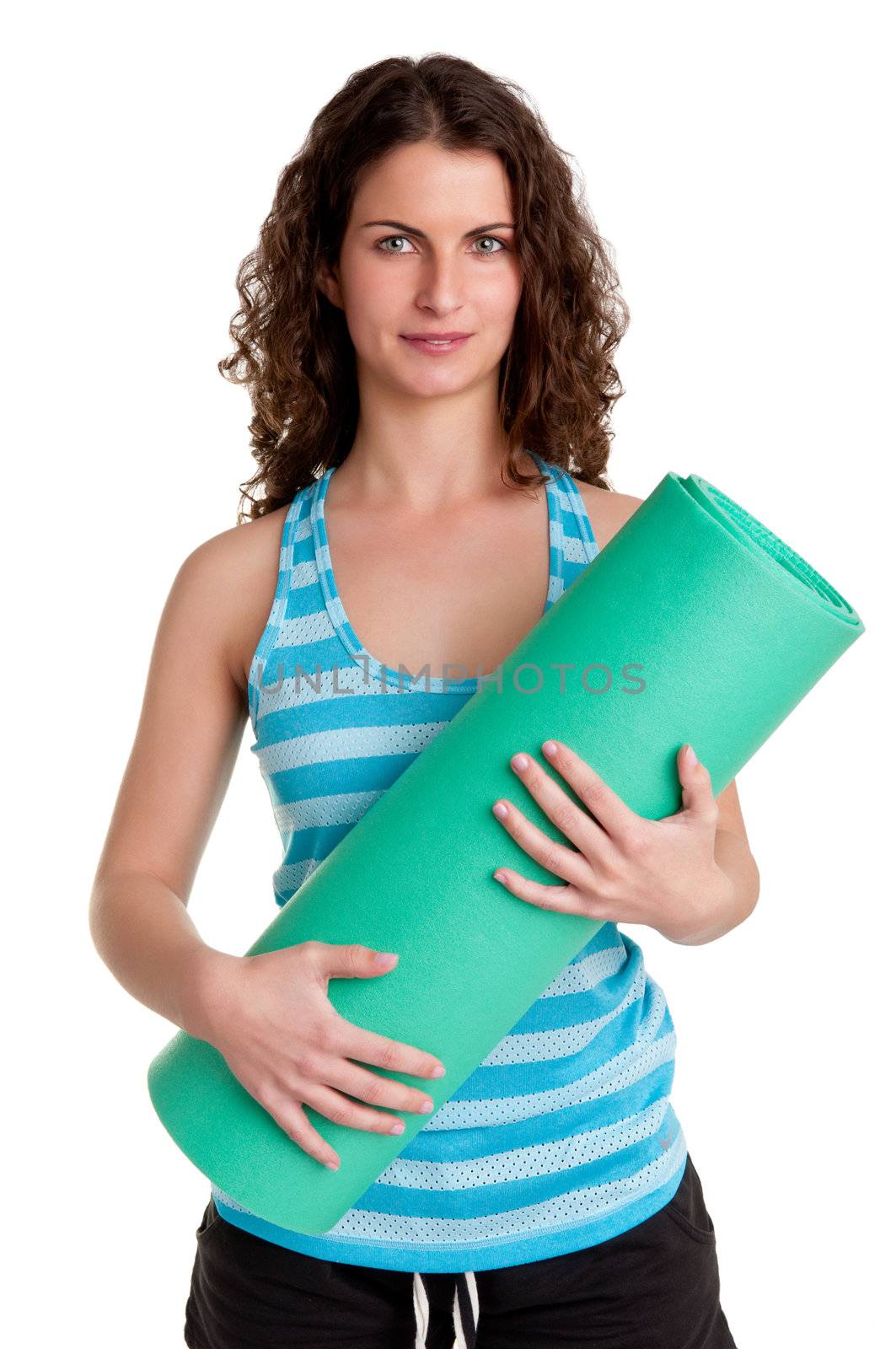 Woman holding a yoga mat, isolated in a white background