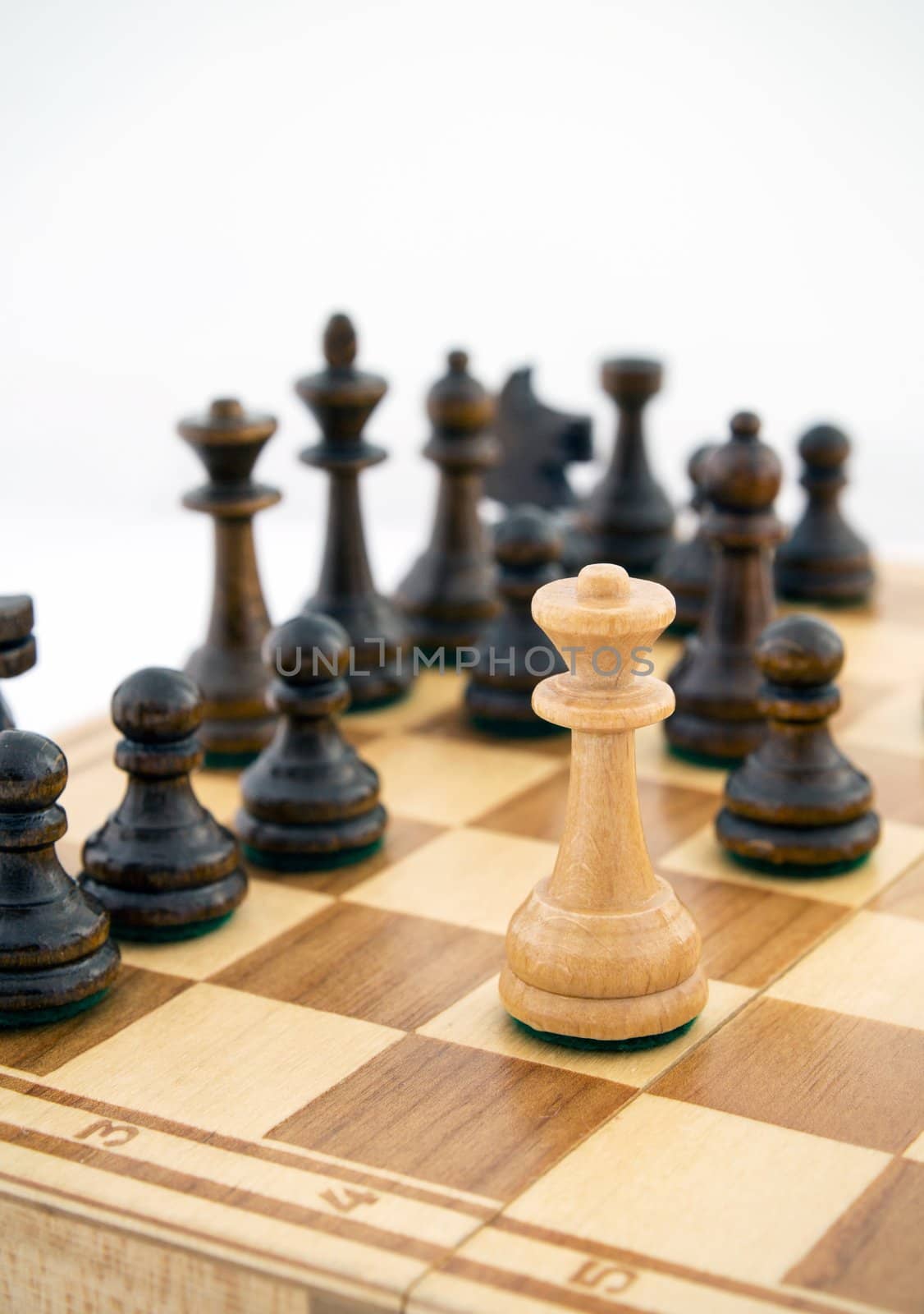 Queen is checking the king. chess pieces on a chess board on a white background