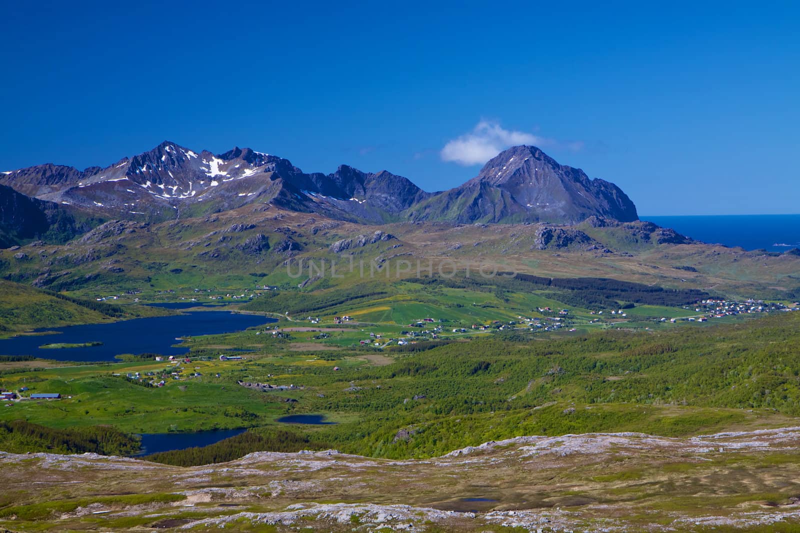 Scenic panorama of Lofoten islands in Norway during summer
