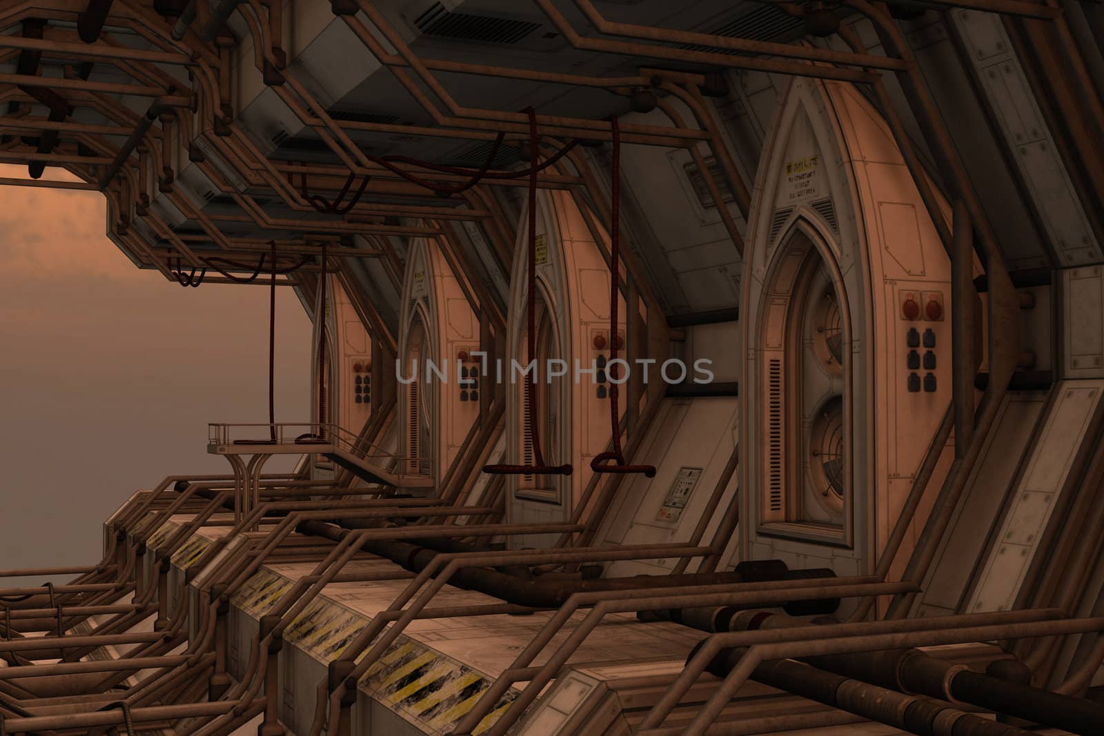 3D rendered illustration of sci-fi space dock station on sunset