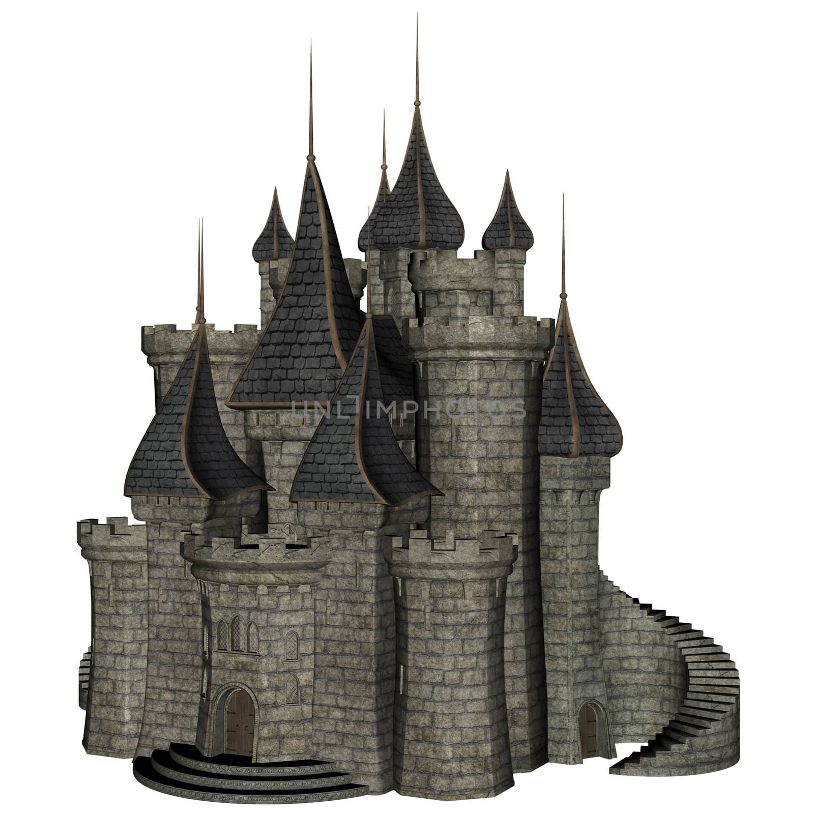 3D rendered illustration of fantasy castle on white background isolated