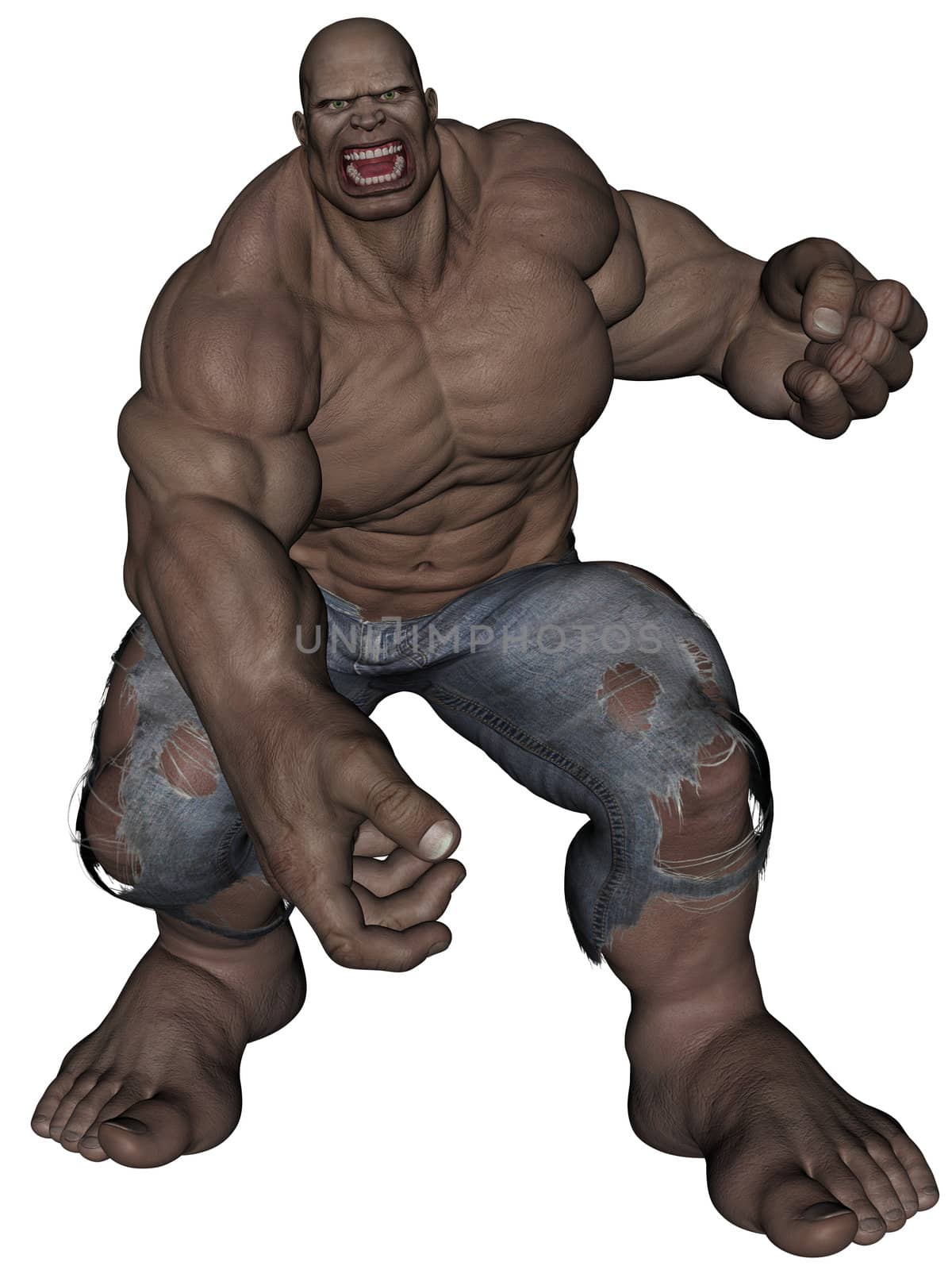 3D rendered monstrous bodybuilder man on white background isolated