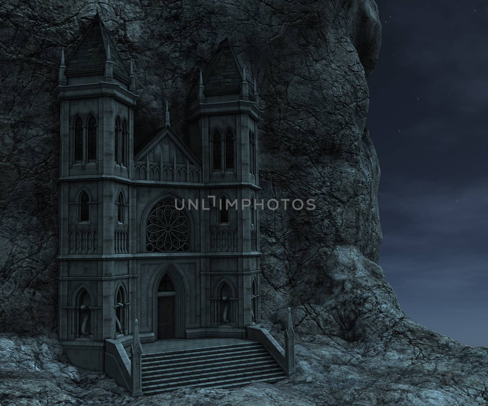 3D rendered watchtower on the rock in night