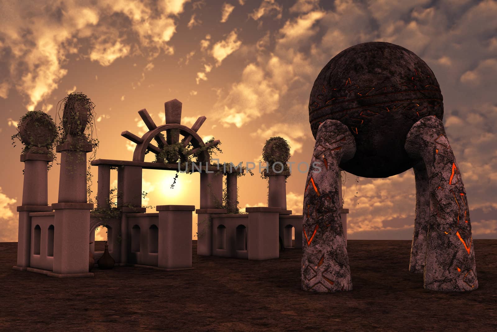 3D rendered ancient fantasy temple ruins on sunset