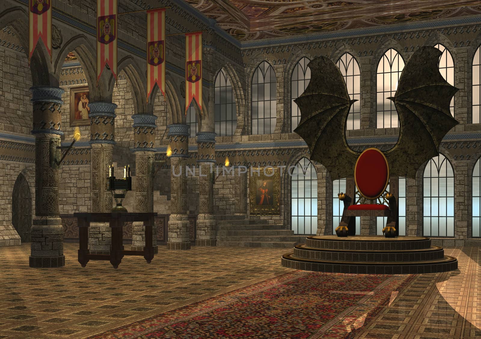 3D rendered fantasy dragon throne hall illustration