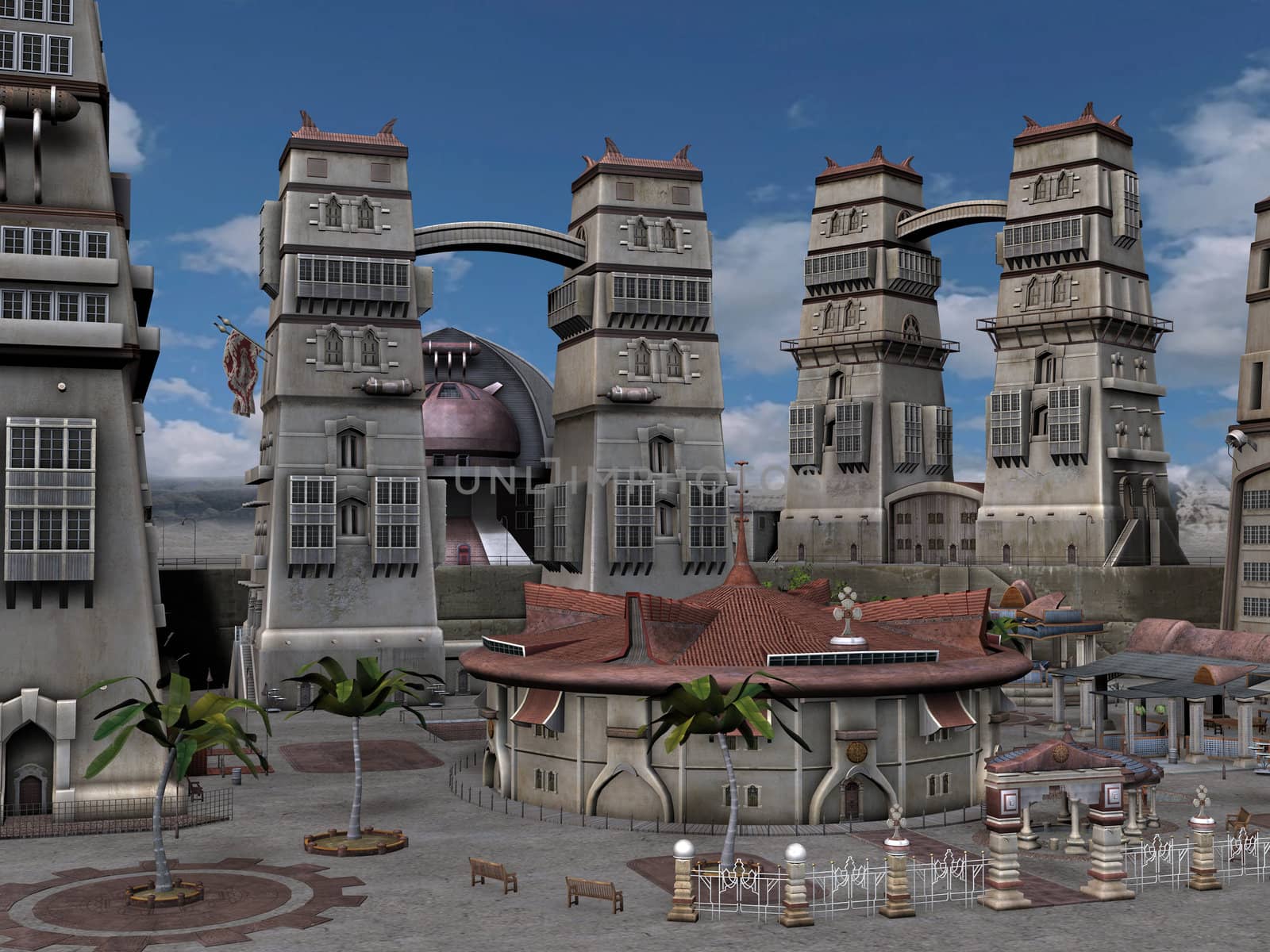 3D rendered fantasy ancient city with monuments