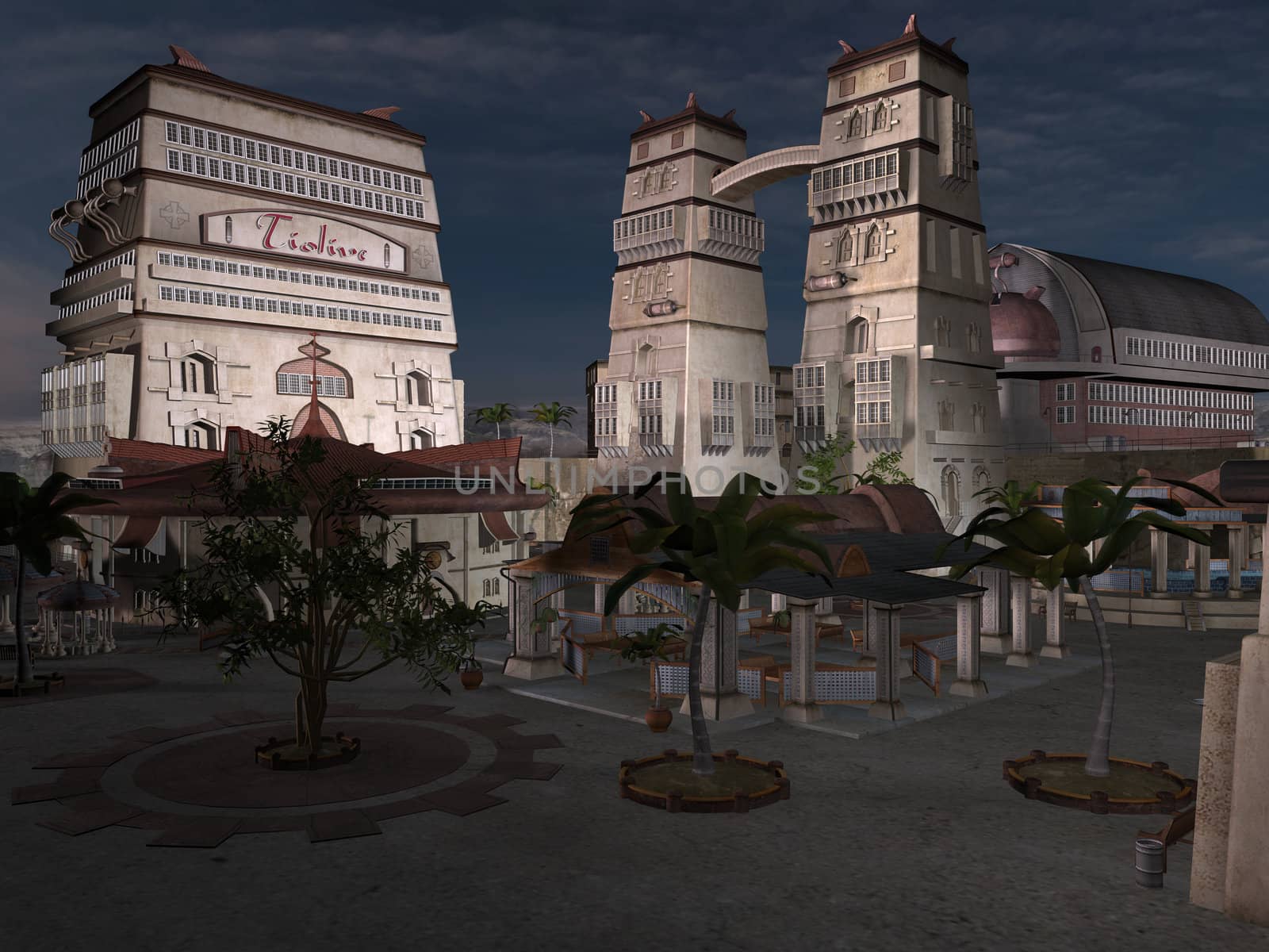 3D rendered fantasy ancient city with monuments