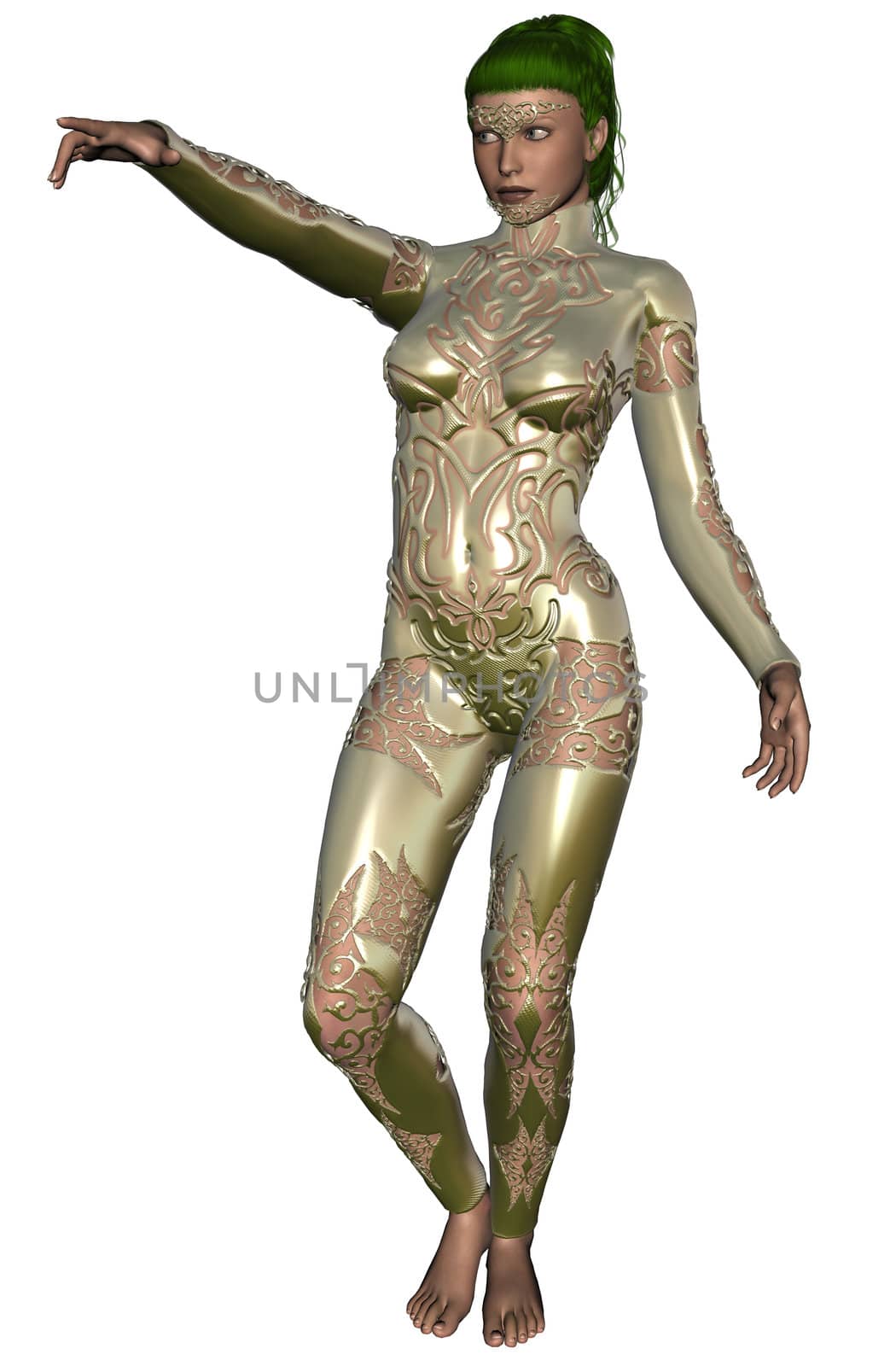 3d rendered sexy woman in steel bodysuite on white background isolated