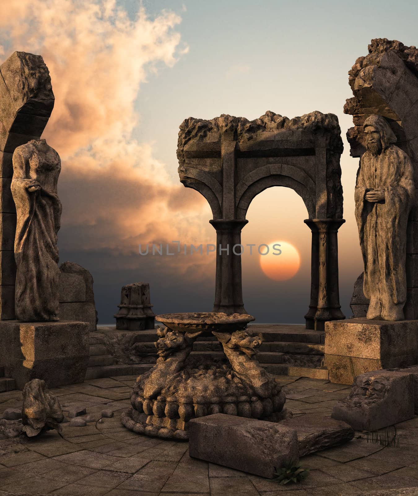 3D rendered fantasy ancient temple ruins with statues