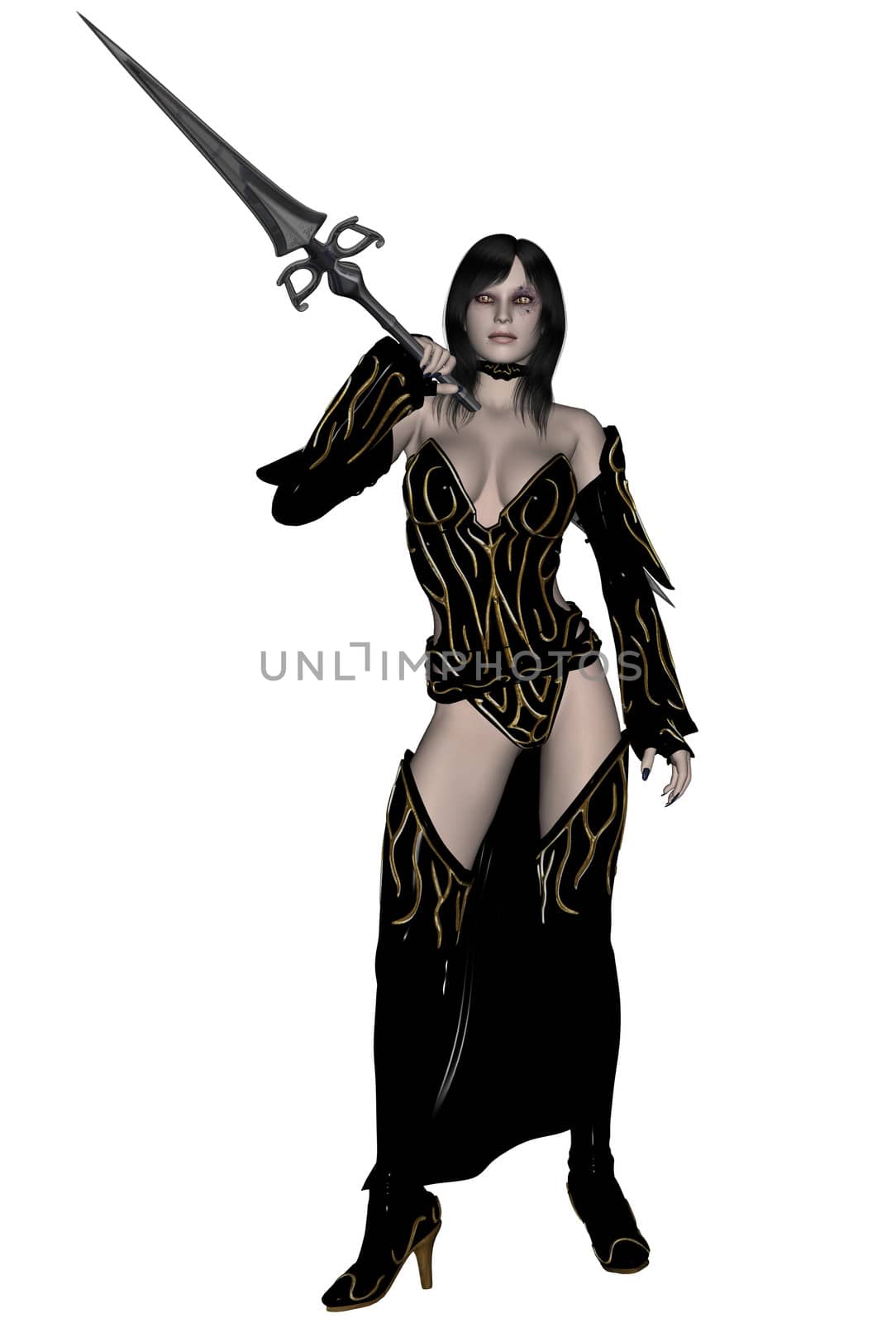 3D rendered woman dark elf warrior with spear on white background isolated