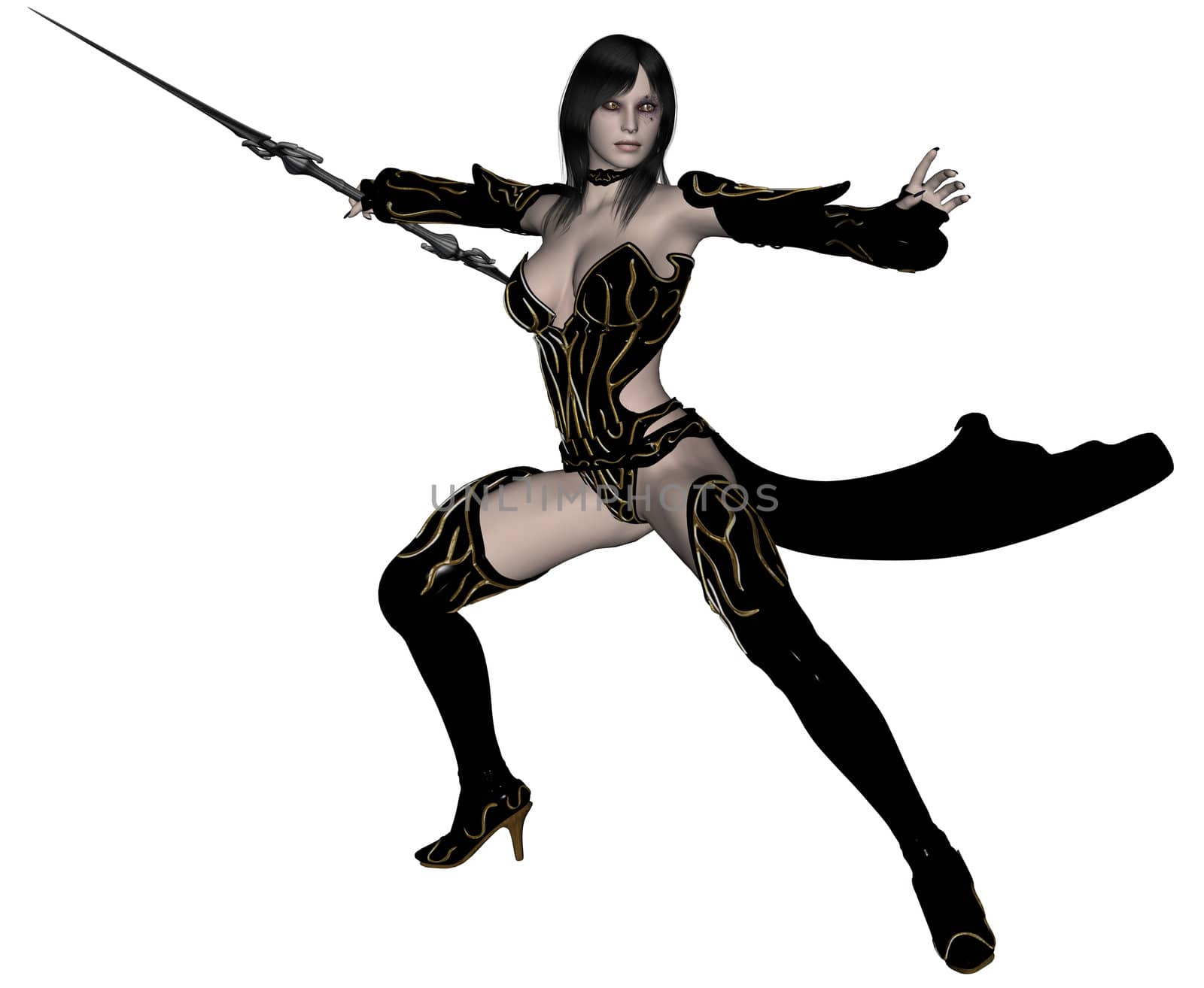 3D rendered woman dark elf warrior with spear on white background isolated