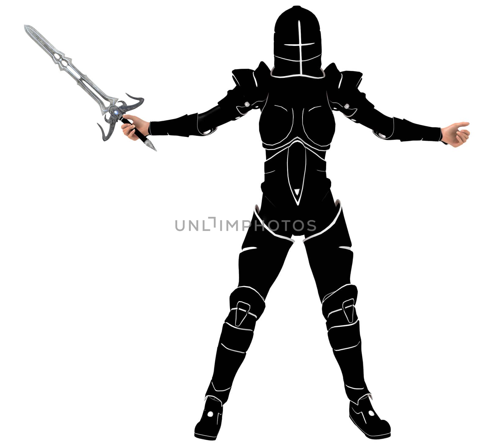 Fantasy woman knight with sword rendered on white background isolated