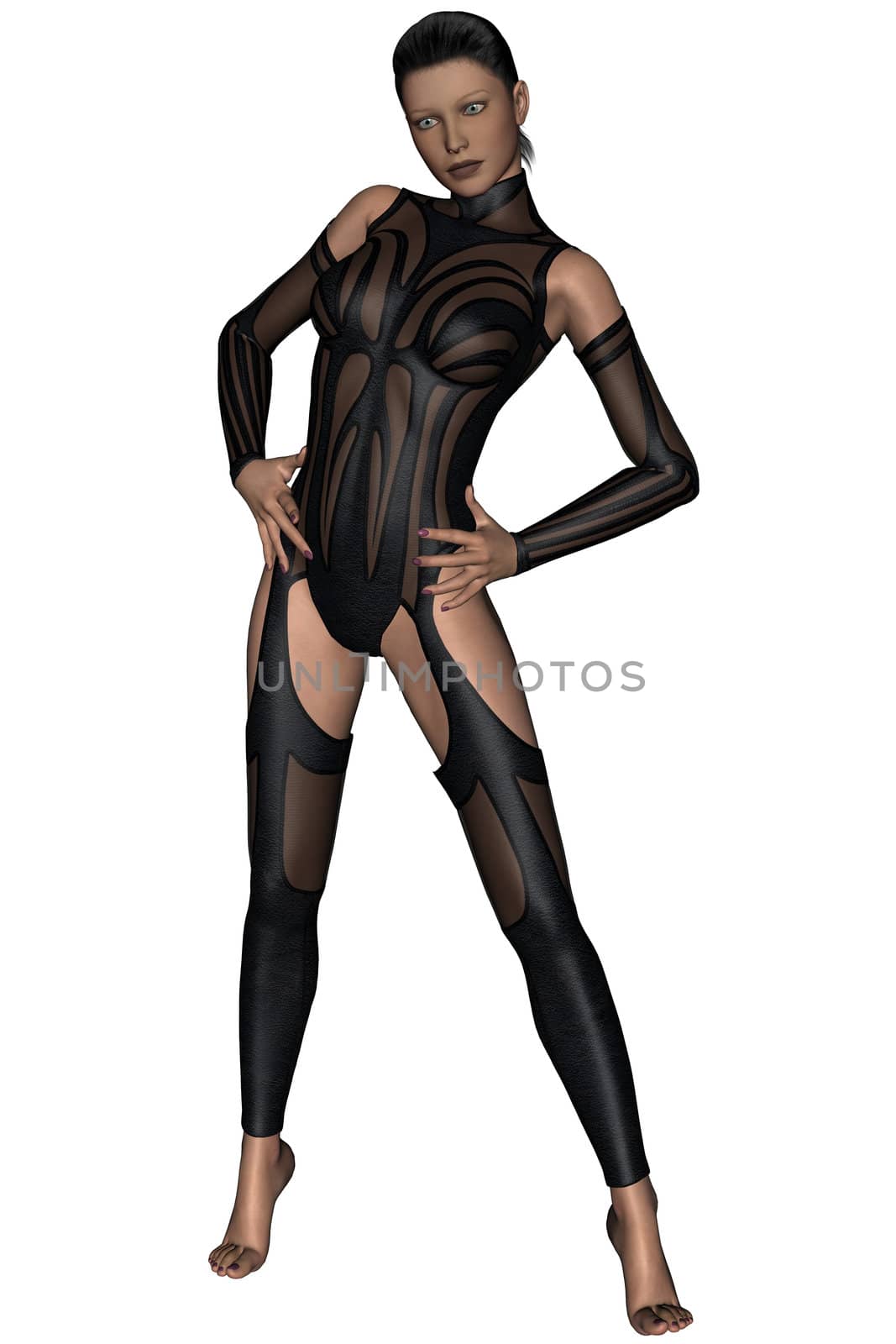 Pretty woman in bodysuit rendered on white background isolated