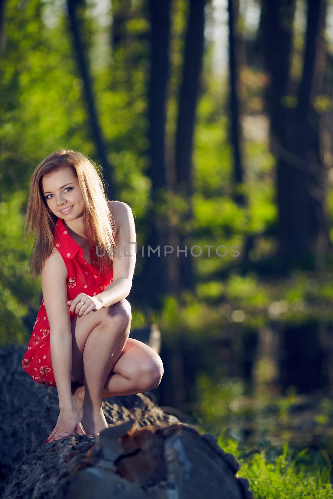 Beautiful girl in a red dress, siting on a log