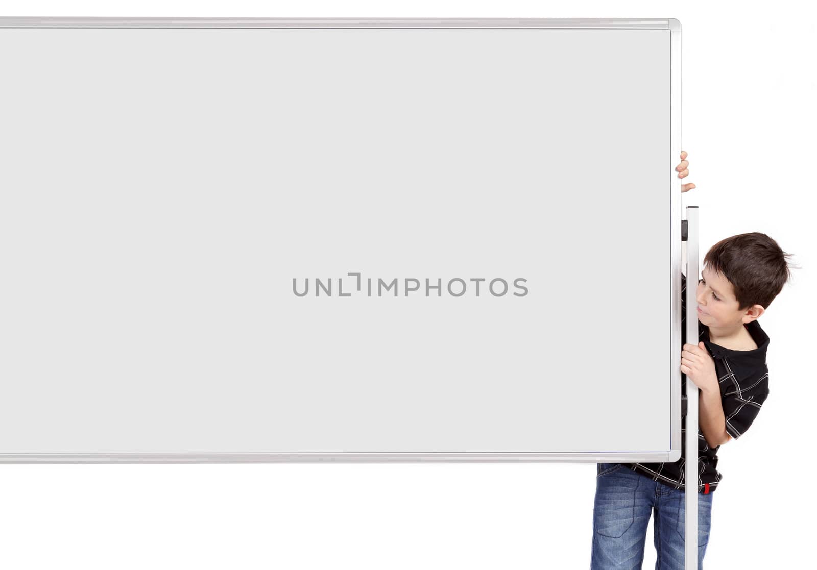 Portrait of happy little boy with white blank board isolated on white background