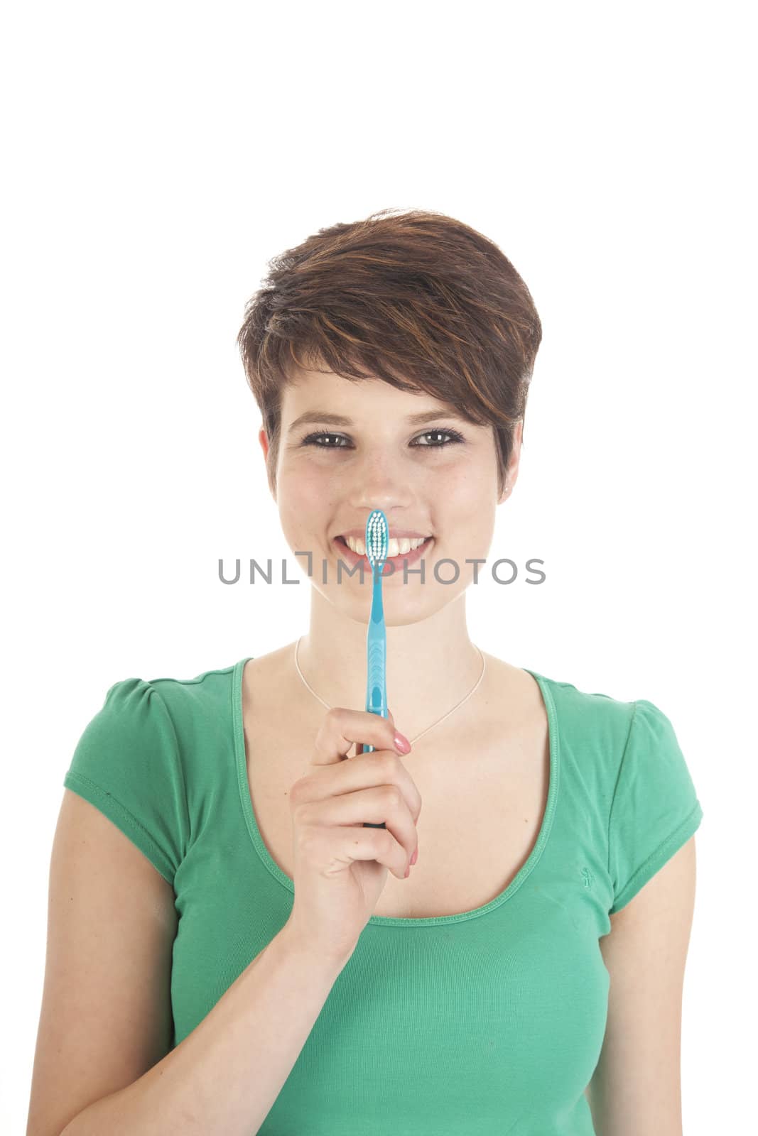 Young woman holding tooth brush isolated on white background