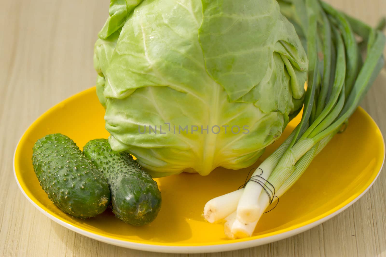 Cucumbers, onions and cabbage on a plate by victosha