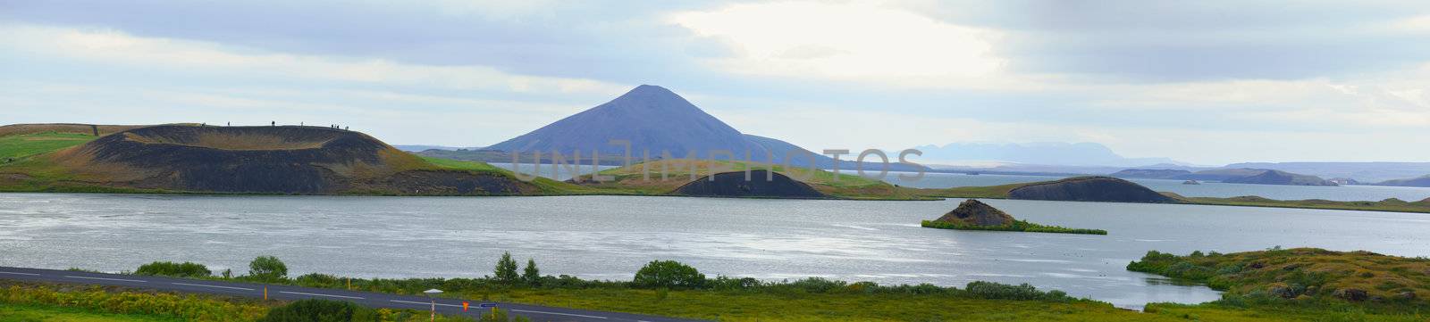 Iceland summer landscape. Mountain lake Myvatn. Panorama.