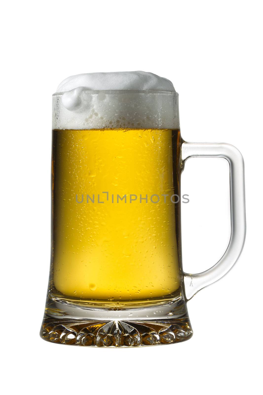 A close-up portrait of cold beer on a white background