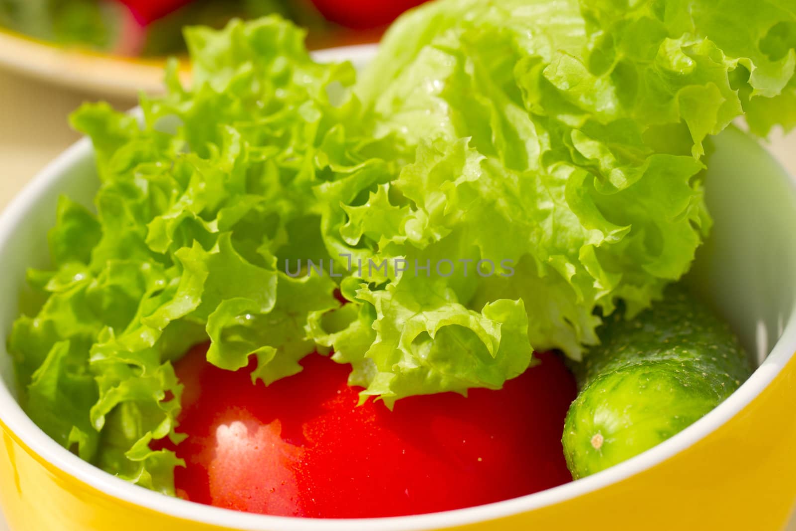 Fresh spinach , cucumbers and tomatoes on a wooden table