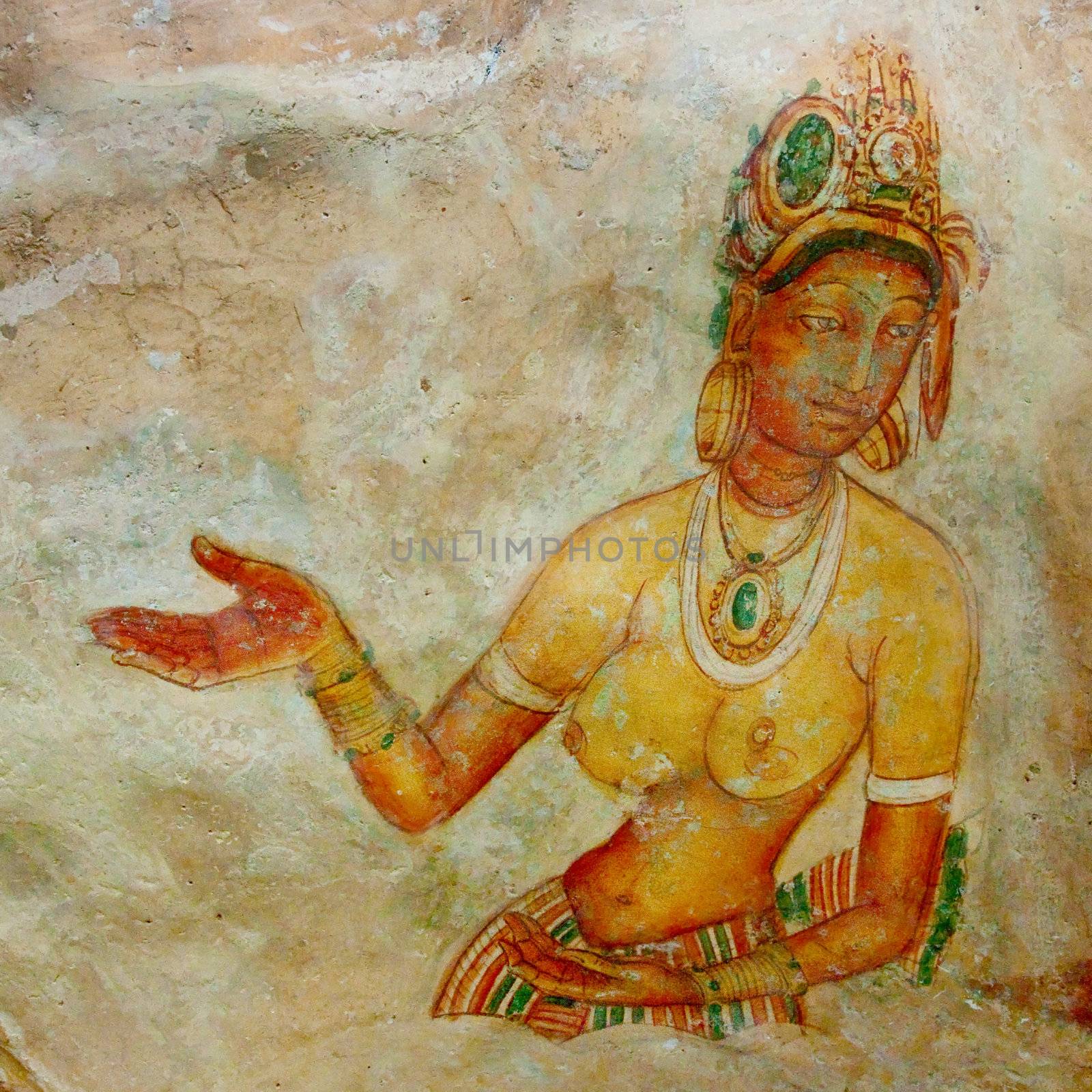 Ancient famous wall paintings (frescoes) at Sigirya, Sri Lanka.