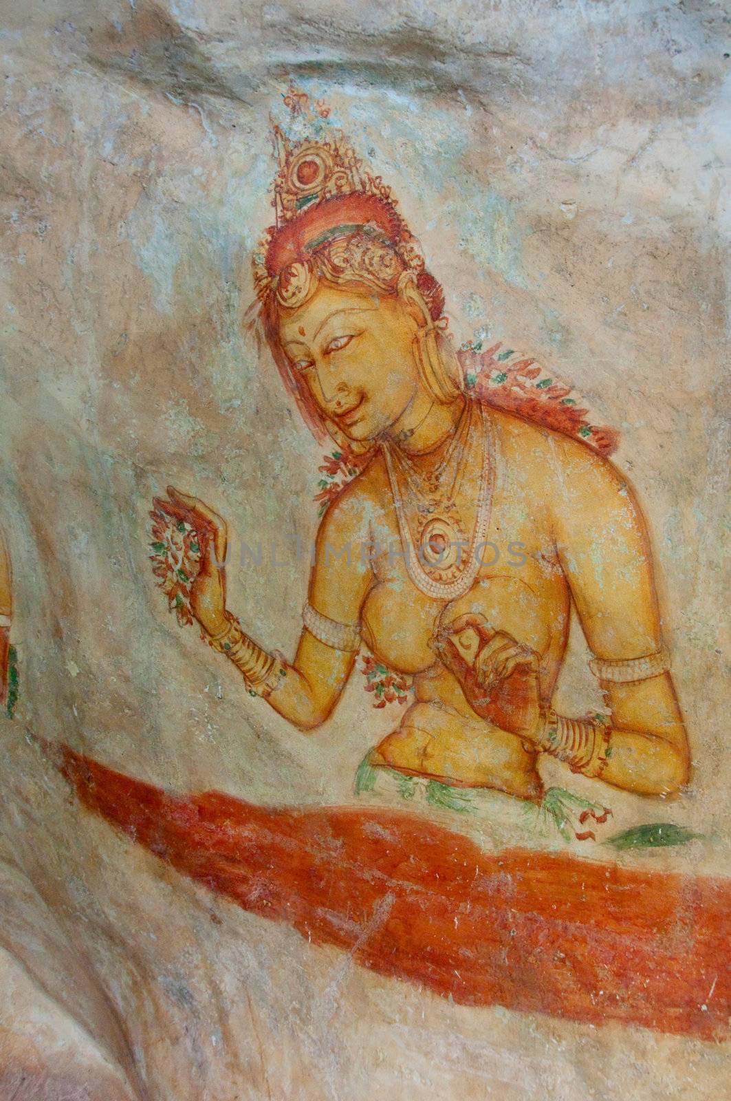 Ancient famous wall frescoes at Sigirya, Sri Lanka by iryna_rasko