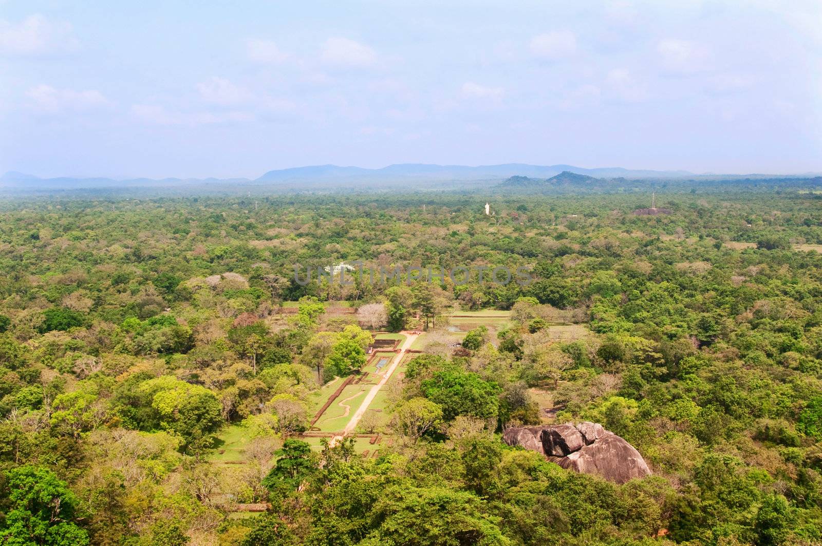 The gardens of Sigiriya, view from the summit of the Sigiriya rock in Sri Lanka,ancient fortress and buddhist monastery