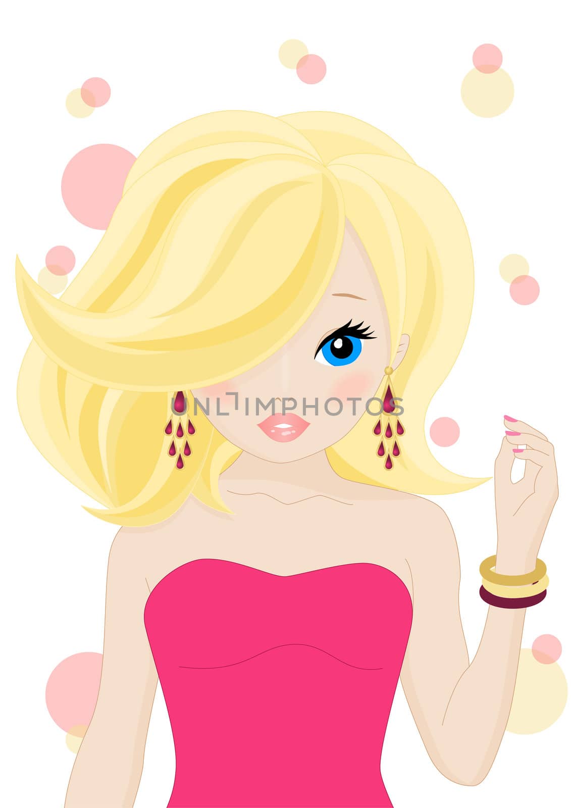 portrait of blonde girl in a pink dress isolated on white background