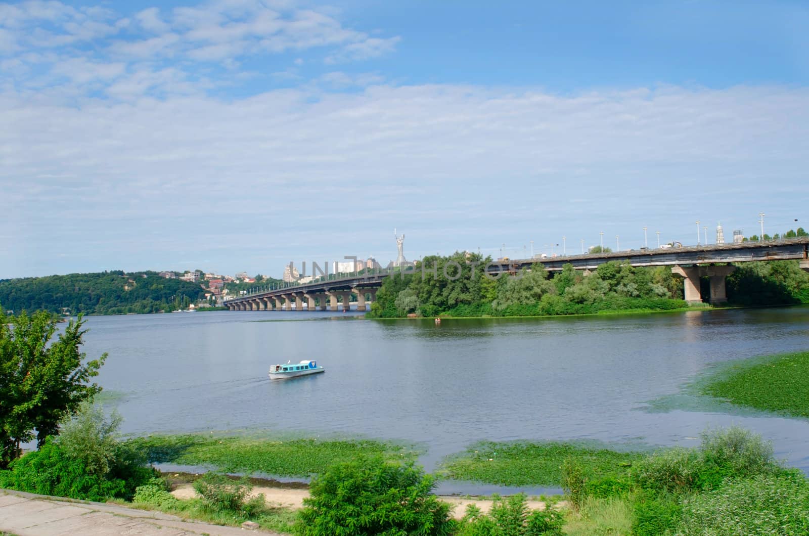 Ukraine, Kiev, Paton bridge over Dnipro river and hystoric central city part