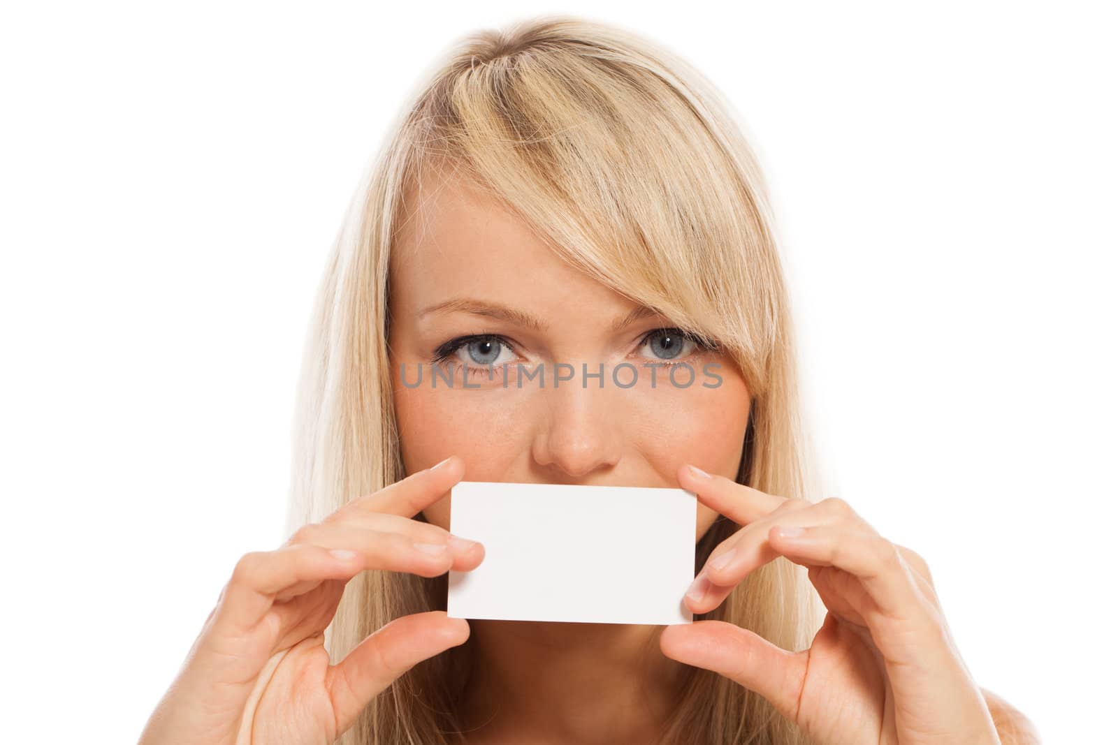 Young attractive woman with empty card isolated over white background