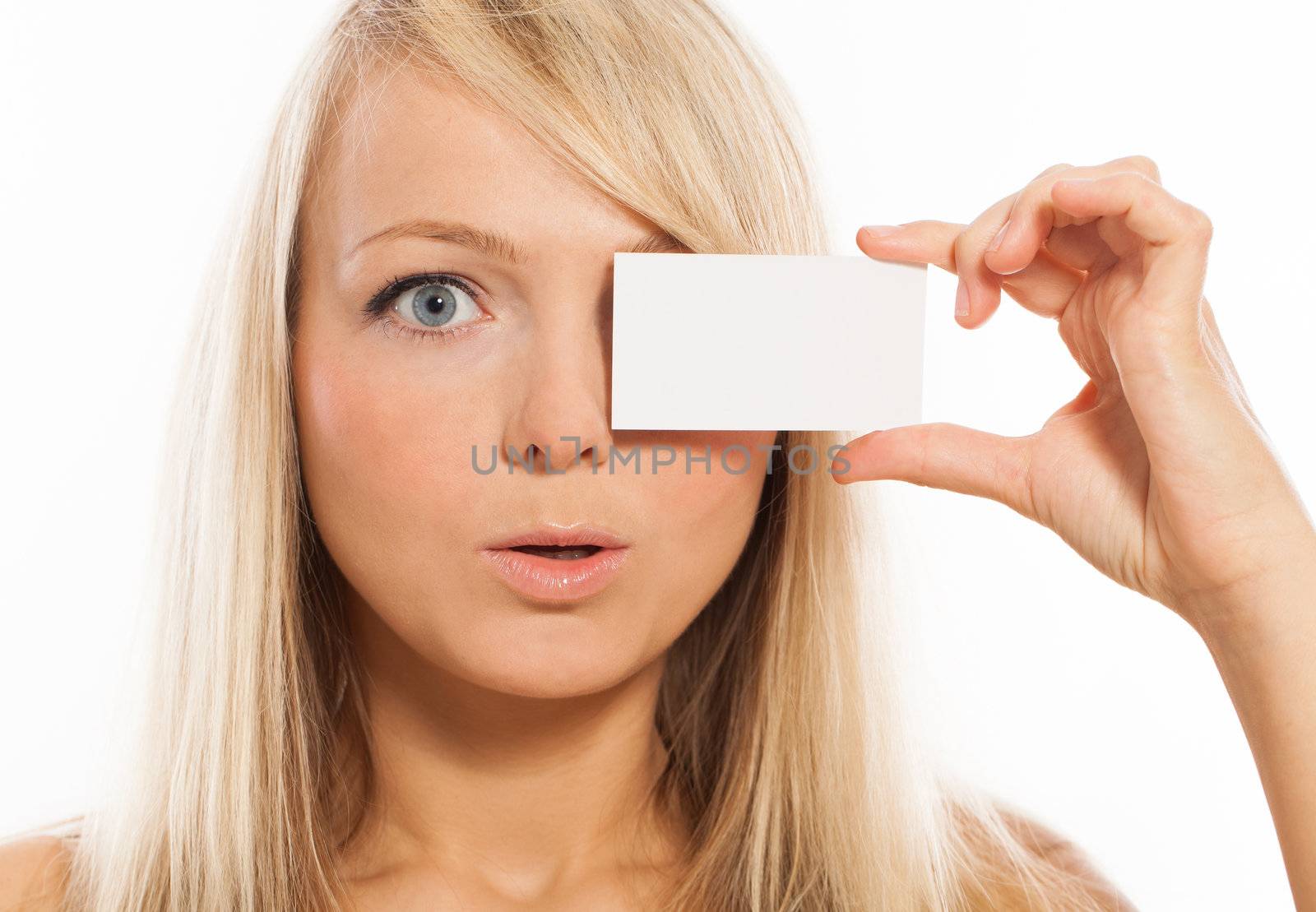 Young attractive woman with empty card isolated over white background