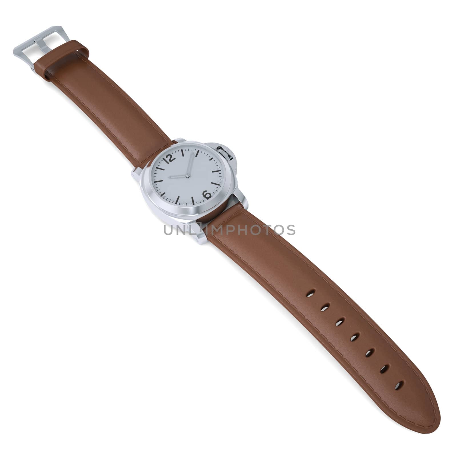 Mechanical wristwatch with a leather strap. Isolated render on a white background