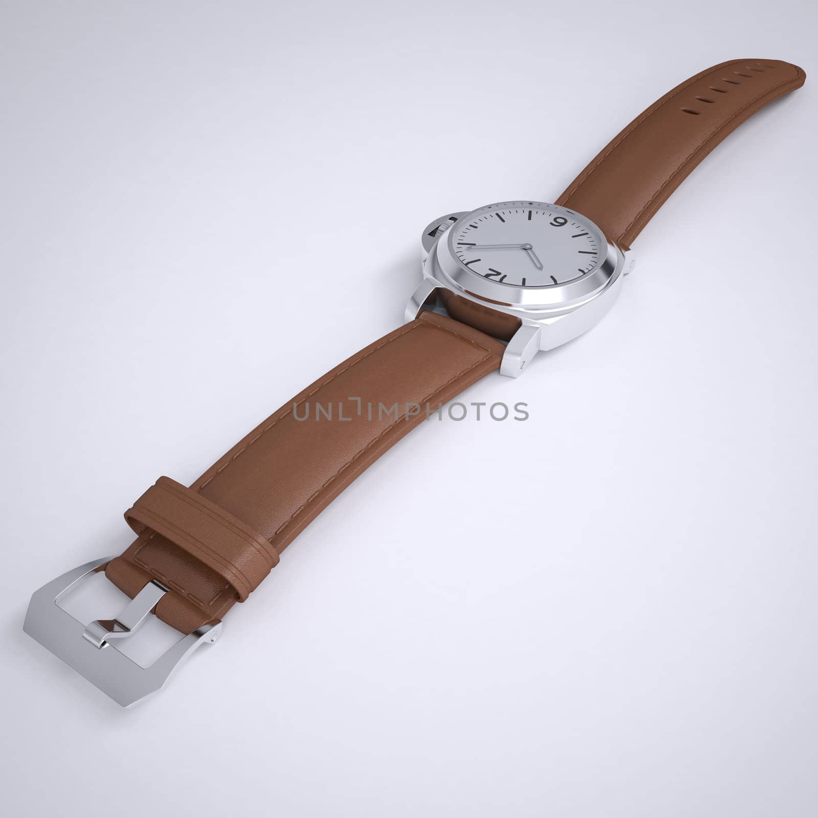Mechanical wristwatch with a leather strap. 3d render of a gray background