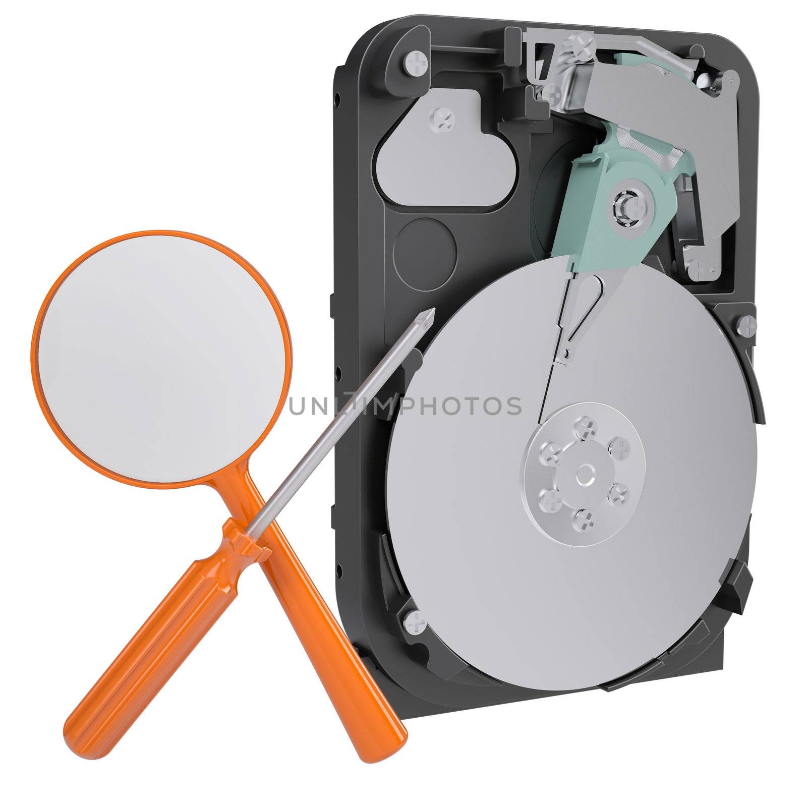 Hard drive, screwdriver and magnifying glass by cherezoff