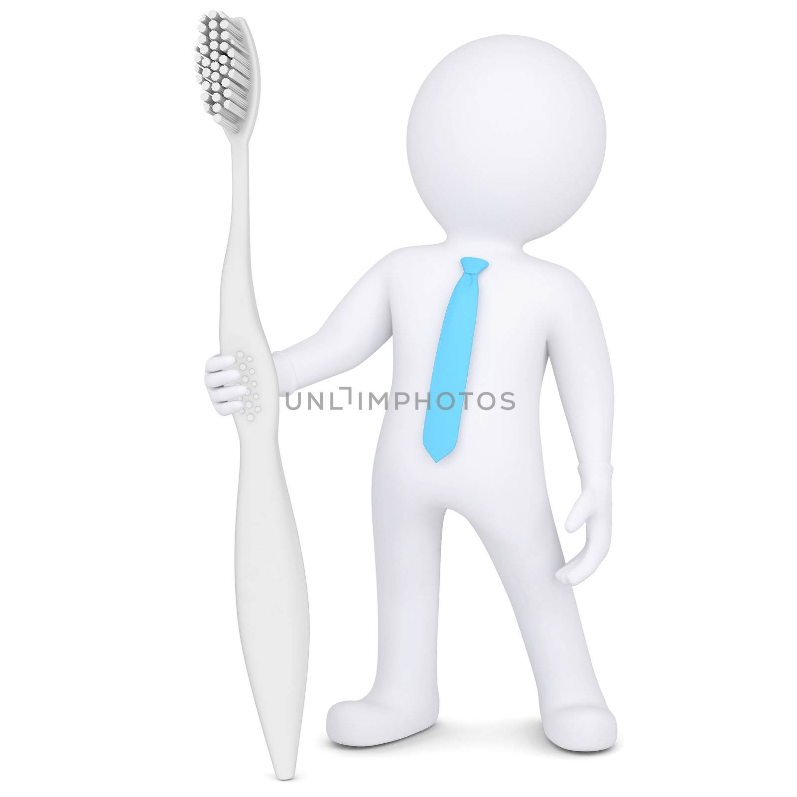 3d man holding a big toothbrush. Isolated render on a white background