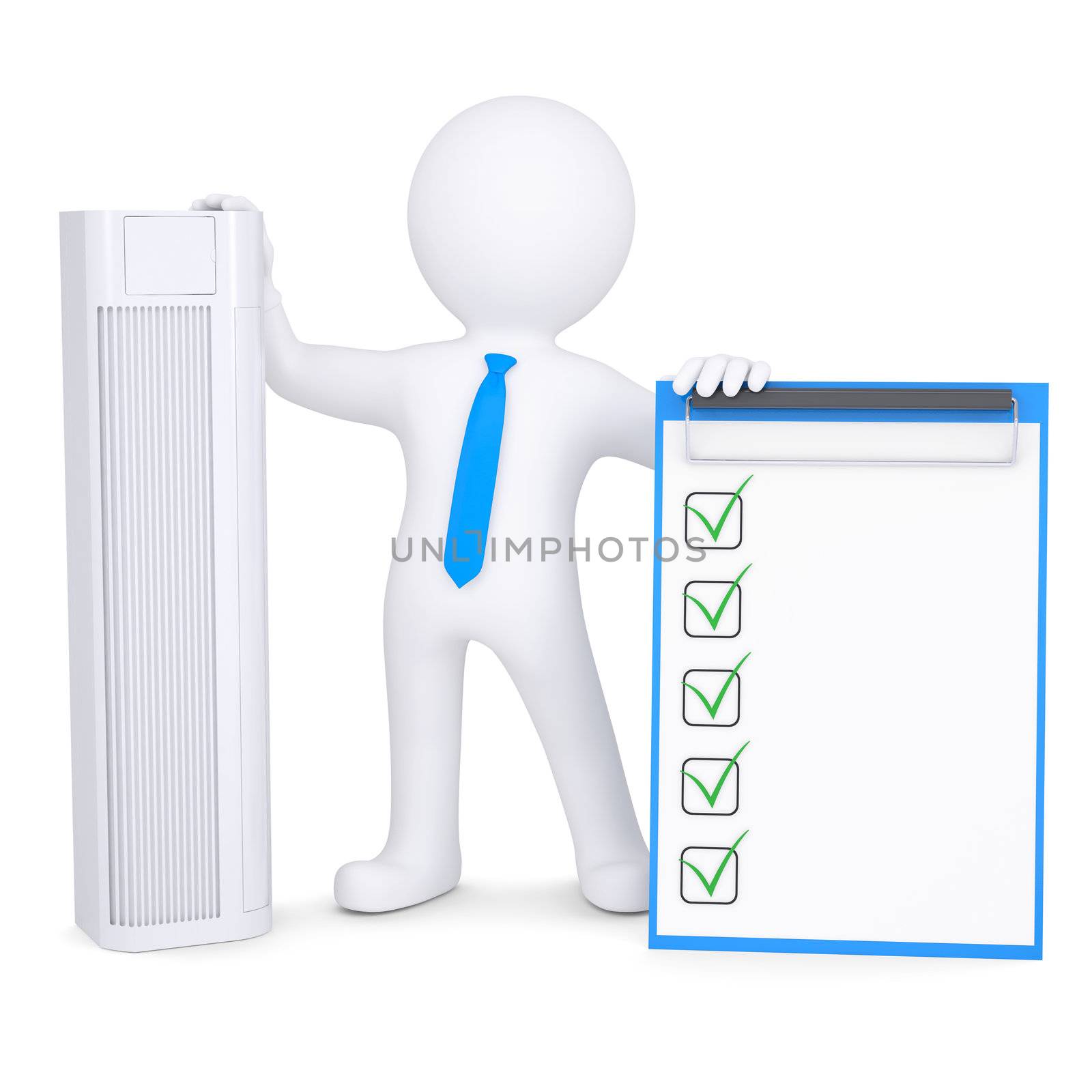 3d man holding conditioner and checklist. Isolated render on a white background