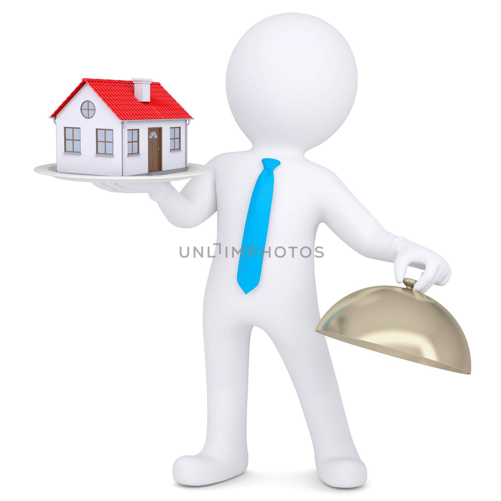 3d man holding a house on a platter by cherezoff