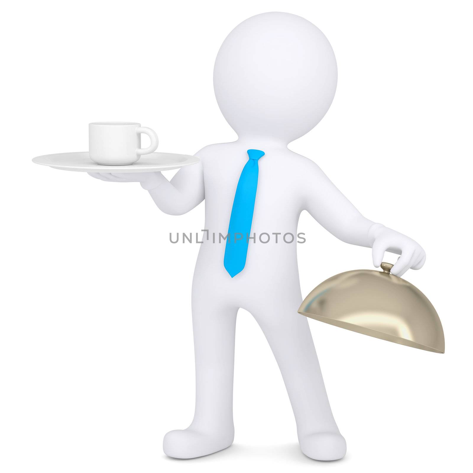 3d man holding a coffee cup on a platter. Isolated render on a white background