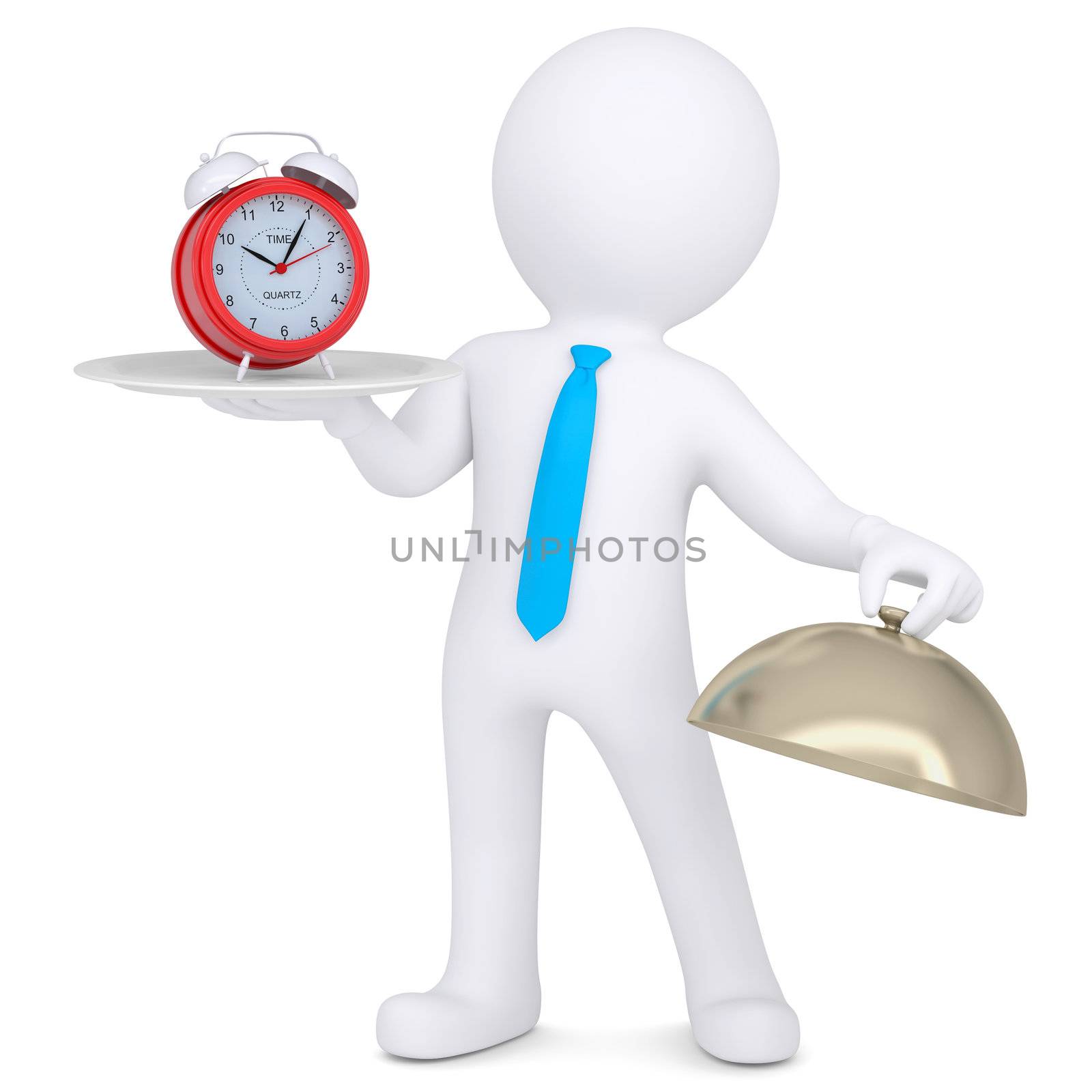 3d man holding a red alarm clock on a platter. Isolated render on a white background