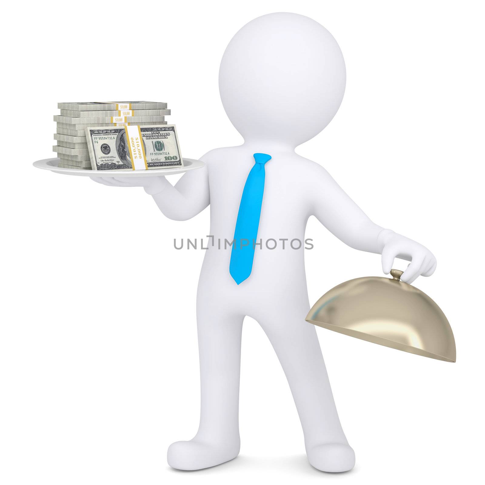 3d man holding a pile of money on a platter. Isolated render on a white background
