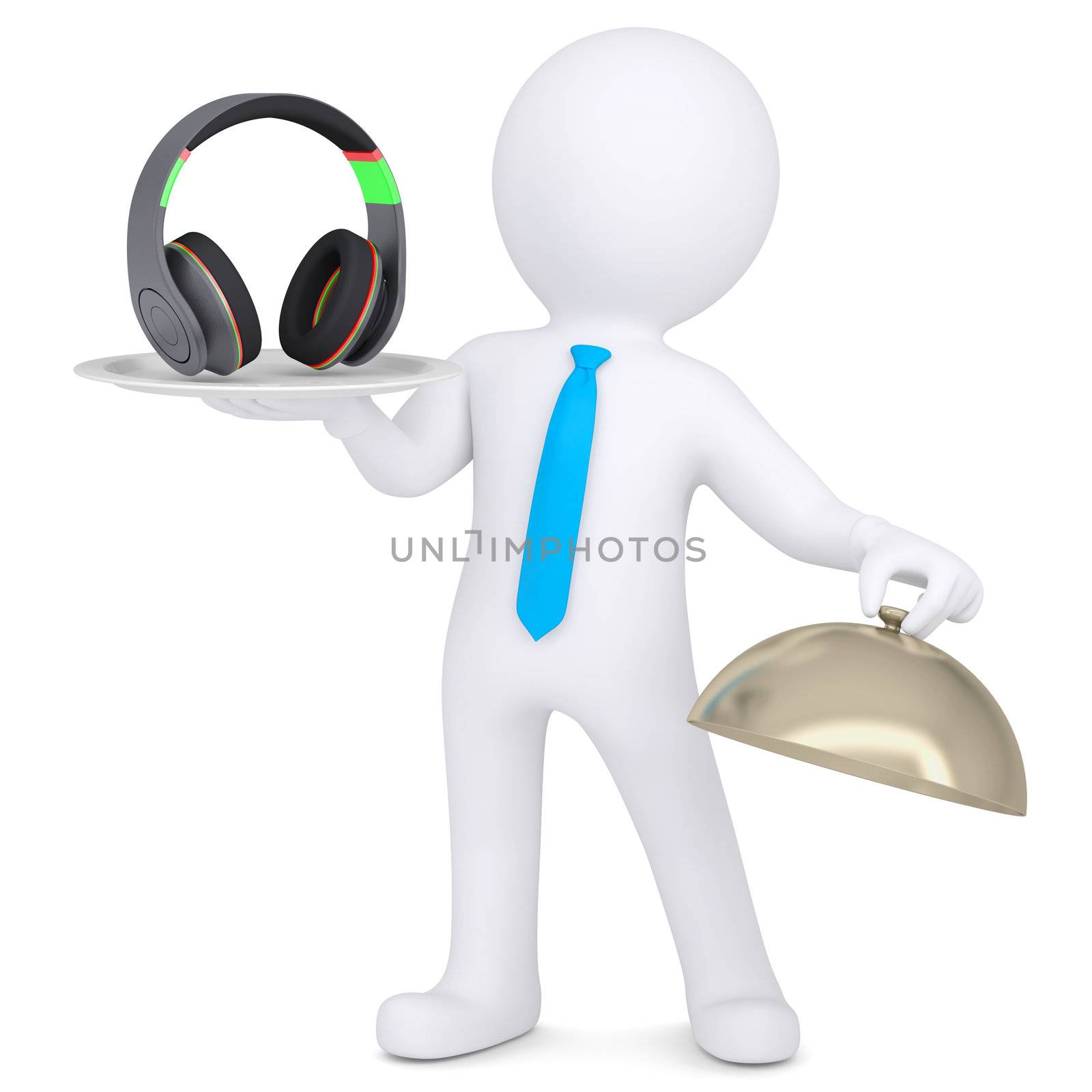 3d man holding headphones on a platter. Isolated render on a white background