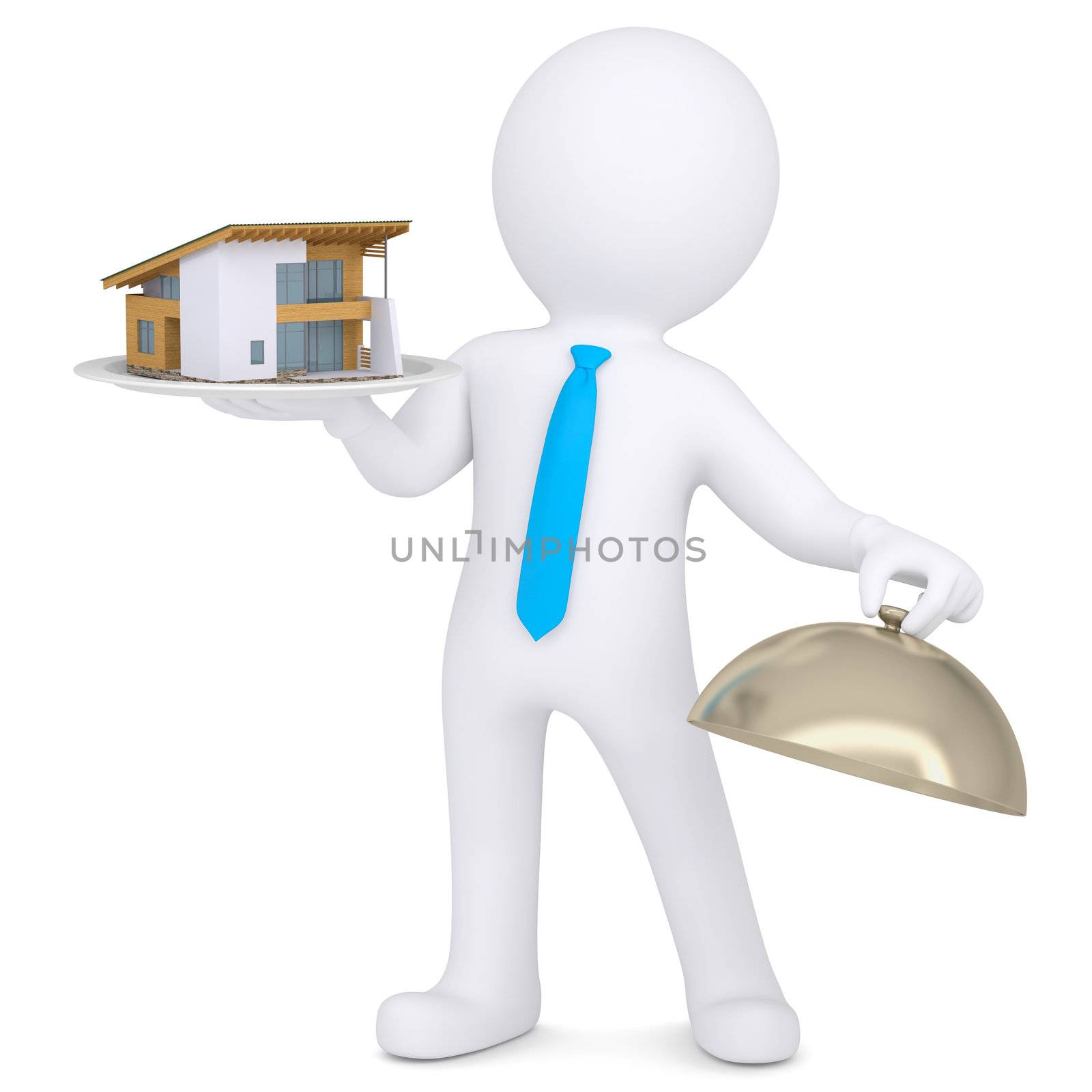 3d man holding a house on a platter by cherezoff